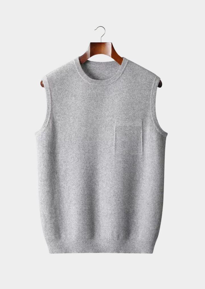 Men's sleek crew neck vest in a minimalist sleeveless style, perfect for versatile layering & comfort.
