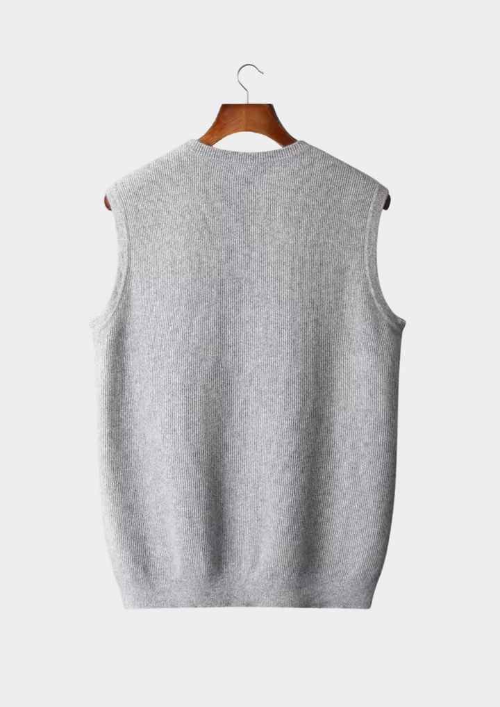 Gray men's crew neck vest, a versatile sleeveless top for casual or smart casual outfits. All-season comfort.