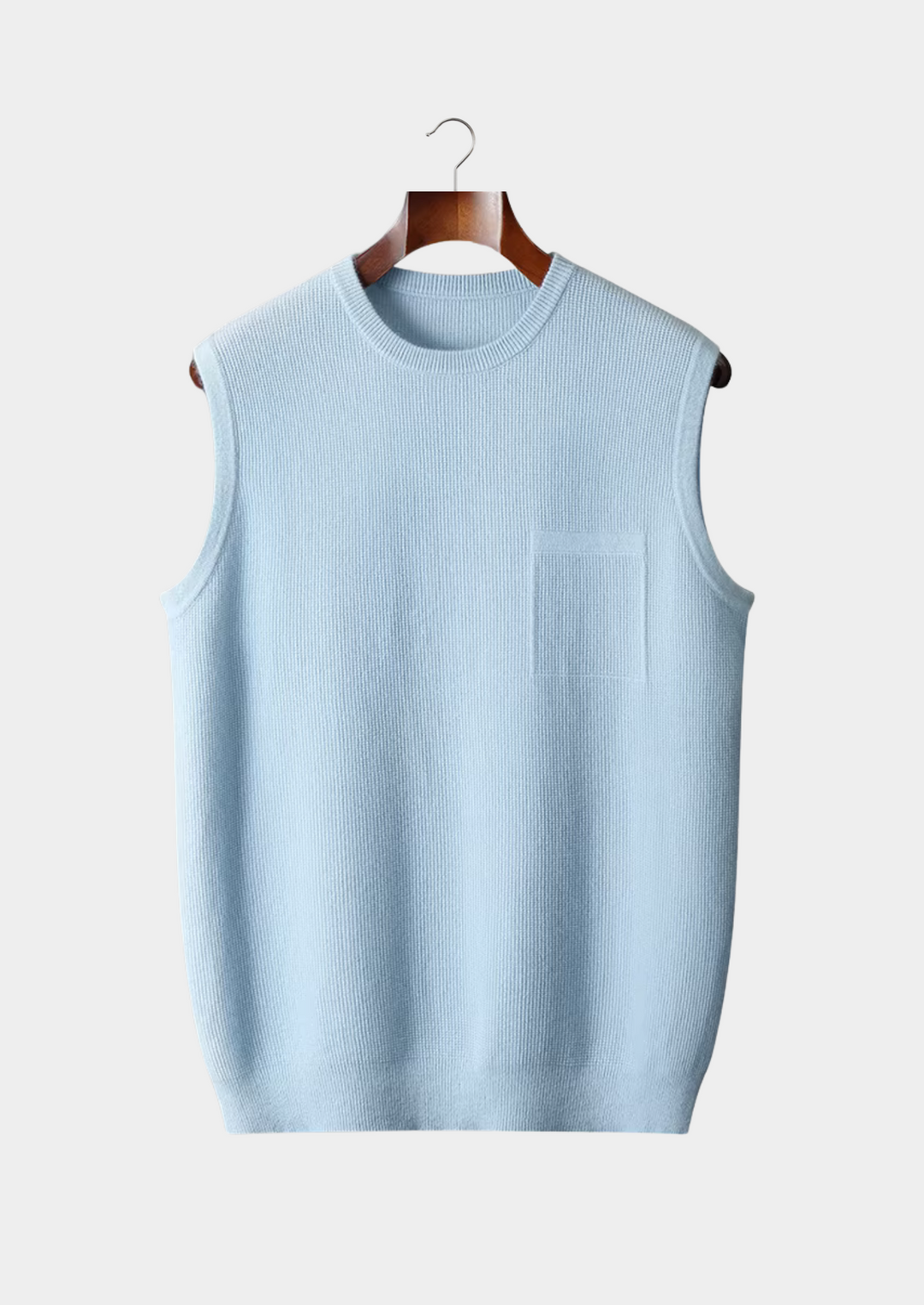 Smart casual men's crew neck vest. Minimalist sleeveless design for a sleek, versatile look. All-season comfort.