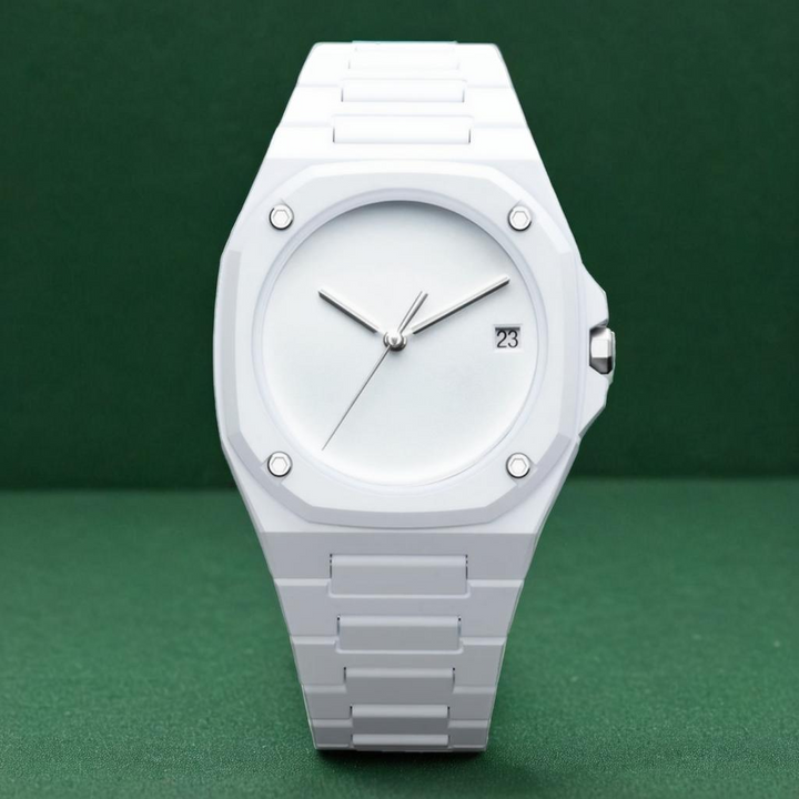 Men's sleek monochrome minimalist watch, featuring a clean black dial and modern design, a stylish elegant accessory.