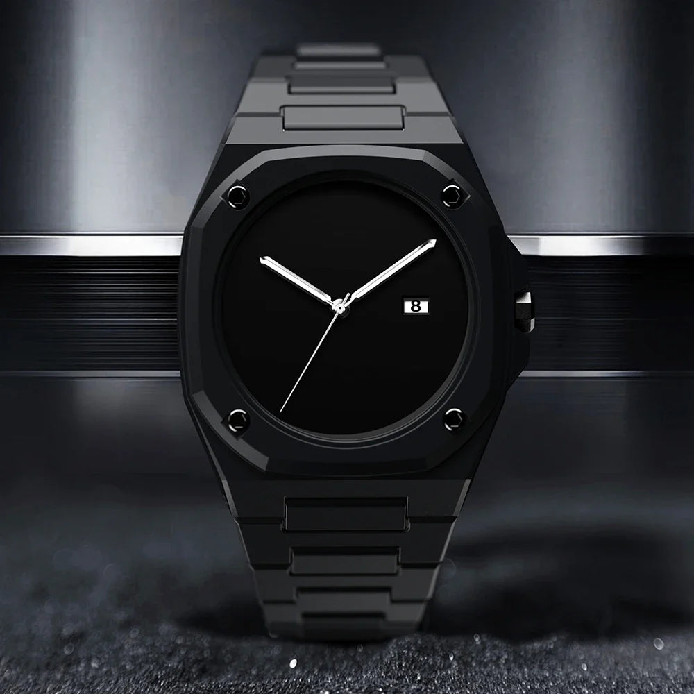 Stylish men's minimalist monochrome watch on a wrist, a modern and elegant accessory perfect for contemporary fashion.