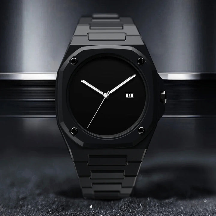 Stylish men's minimalist monochrome watch on a wrist, a modern and elegant accessory perfect for contemporary fashion.