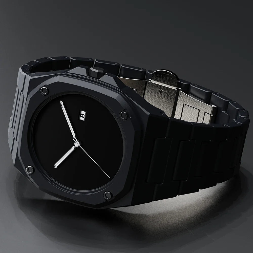Side profile of a men's slim monochrome minimalist watch. Modern sleek design for an elegant, precise timepiece accessory.