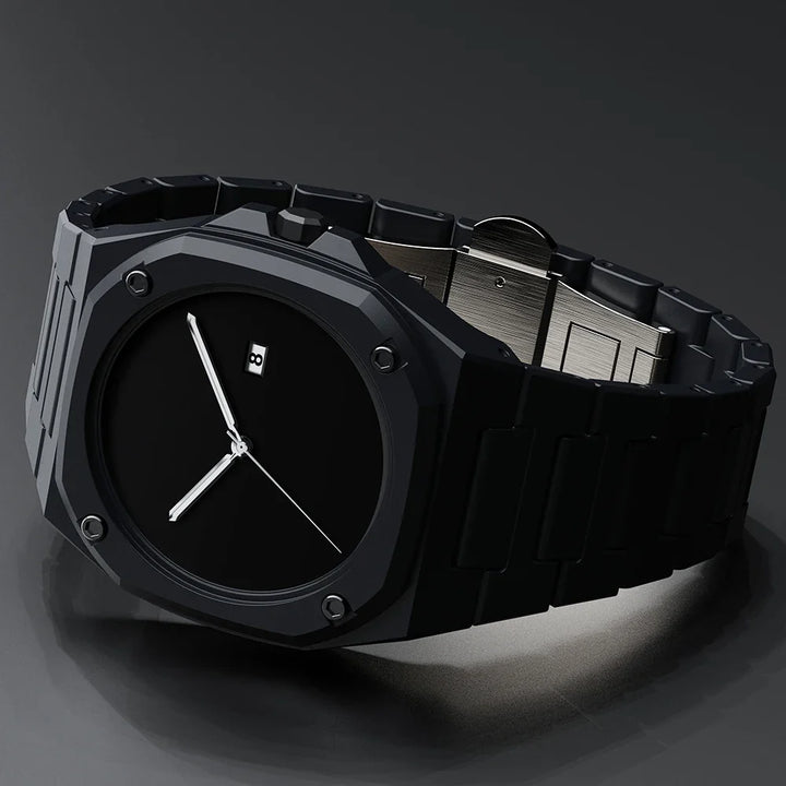 Side profile of a men's slim monochrome minimalist watch. Modern sleek design for an elegant, precise timepiece accessory.