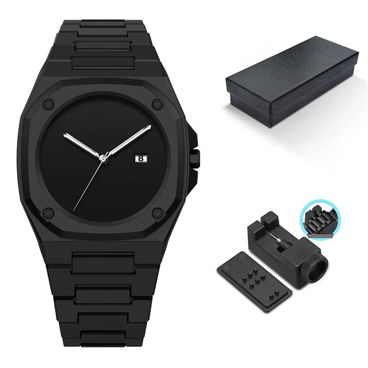 Front shot: Men's modern monochrome minimalist watch. A sleek, stylish timepiece accessory with timeless elegant appeal.