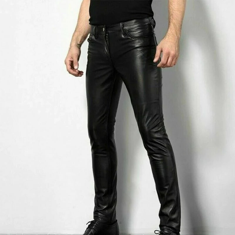 Men's sleek slim fit black leather pants, modern style & comfortable design for versatile everyday fashion.