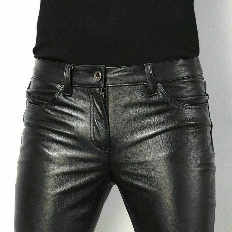 Fashionable men's slim fit black leather pants, offering elegant style & comfort for casual or dress wear.