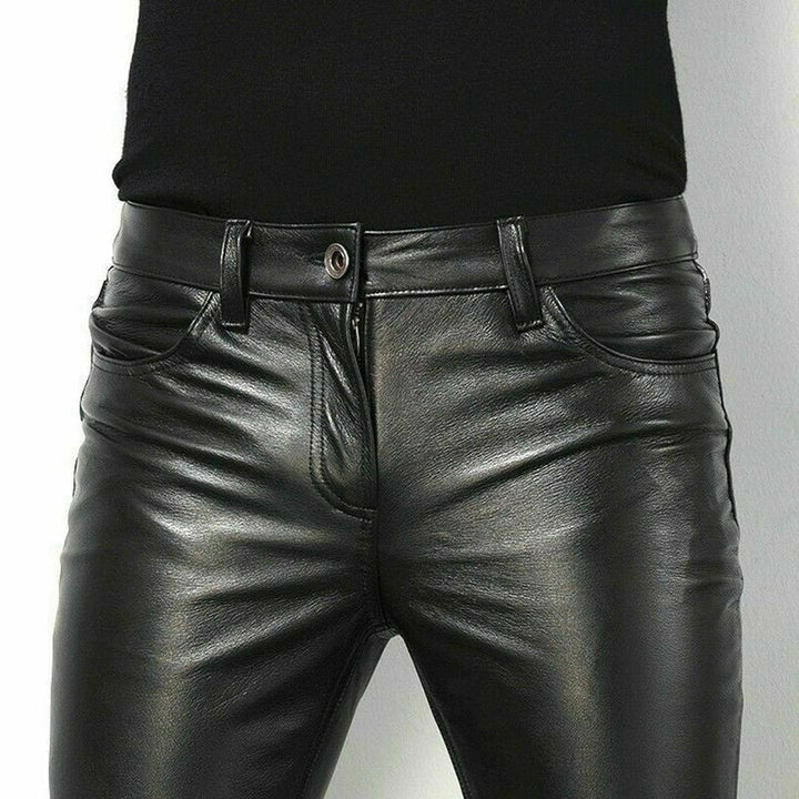 Fashionable men's slim fit black leather pants, offering elegant style & comfort for casual or dress wear.