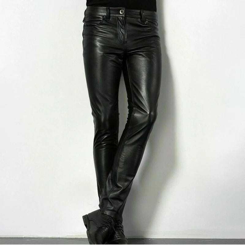 Stylish black leather slim fit pants for men, perfect for a modern, sleek look & comfortable wear.