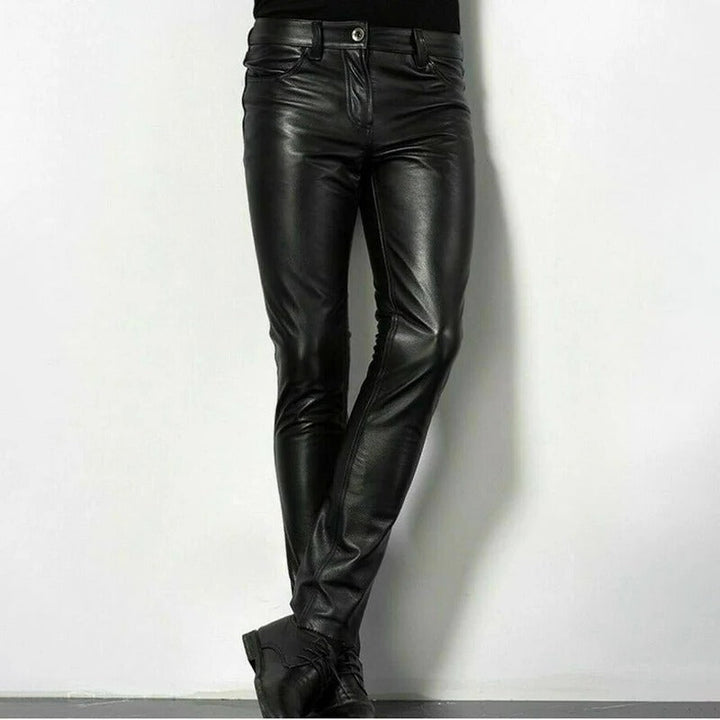Stylish black leather slim fit pants for men, perfect for a modern, sleek look & comfortable wear.