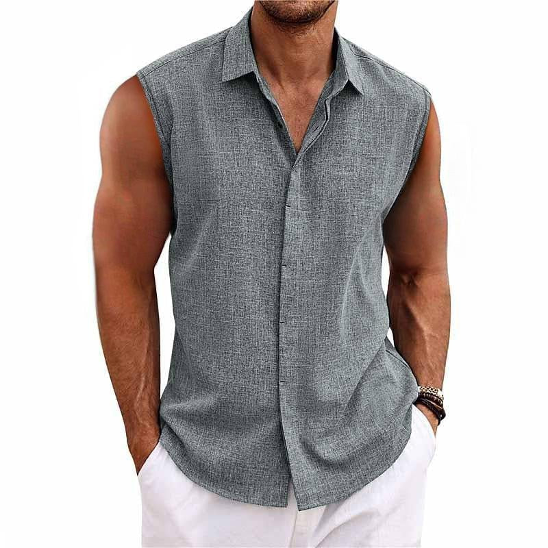 Men's sleeveless button-down shirt for summer. Casual relaxed fit tank top, perfect for beachwear & warm weather.