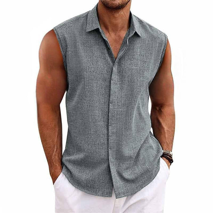 Men's sleeveless button-down shirt for summer. Casual relaxed fit tank top, perfect for beachwear & warm weather.