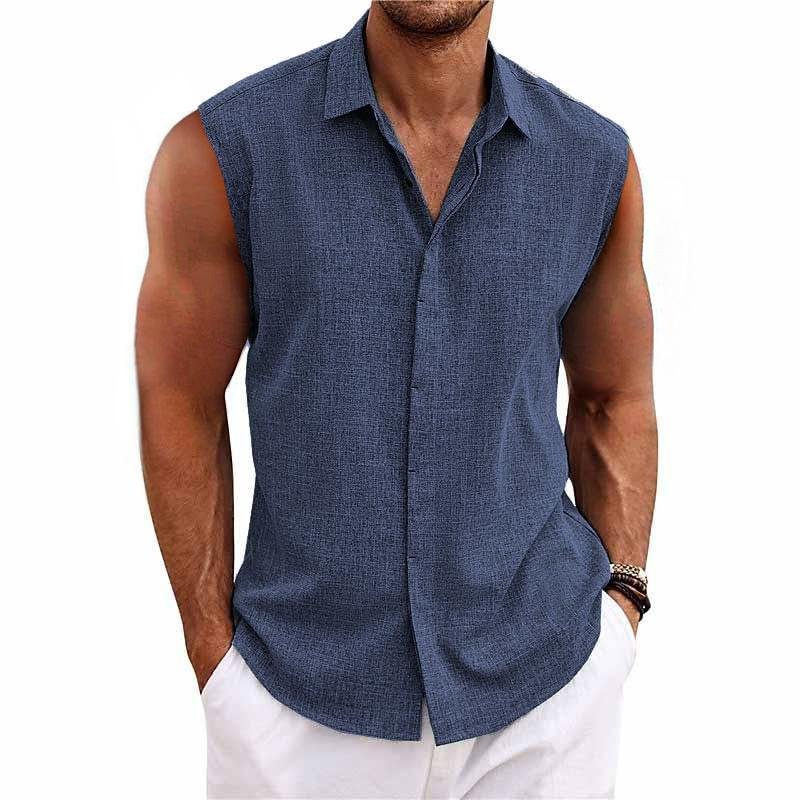 Stylish men's sleeveless button-down tank top. Summer casual collared shirt, relaxed fit for ultimate warm weather comfort.