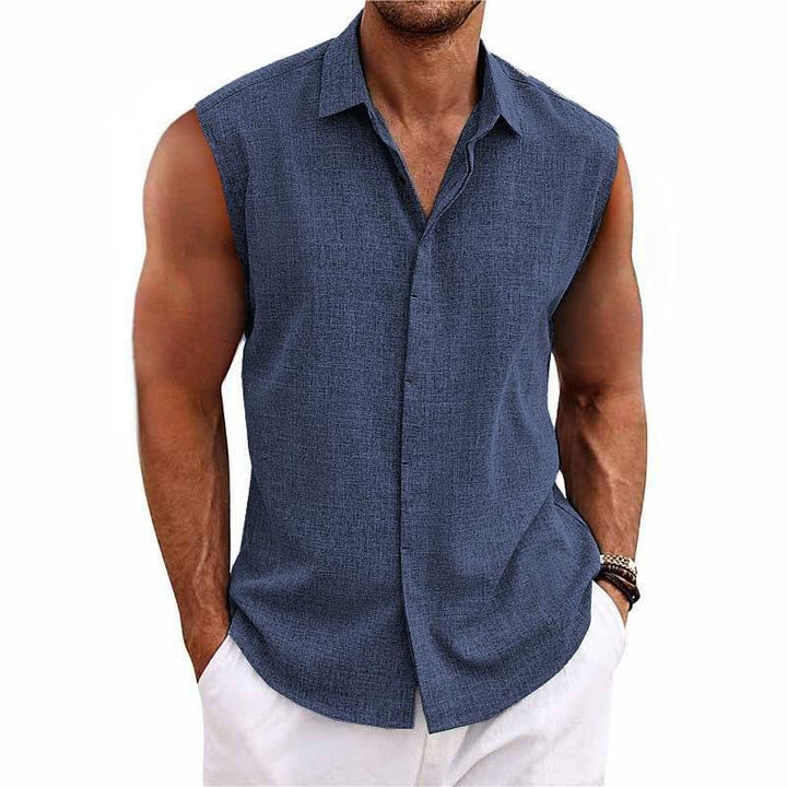 Stylish men's sleeveless button-down tank top. Summer casual collared shirt, relaxed fit for ultimate warm weather comfort.