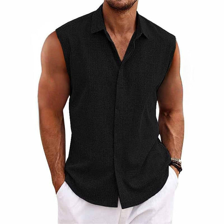 Sleeveless button-down men's shirt. Casual collared tank top with a relaxed fit, perfect for summer beach & outdoor activities.