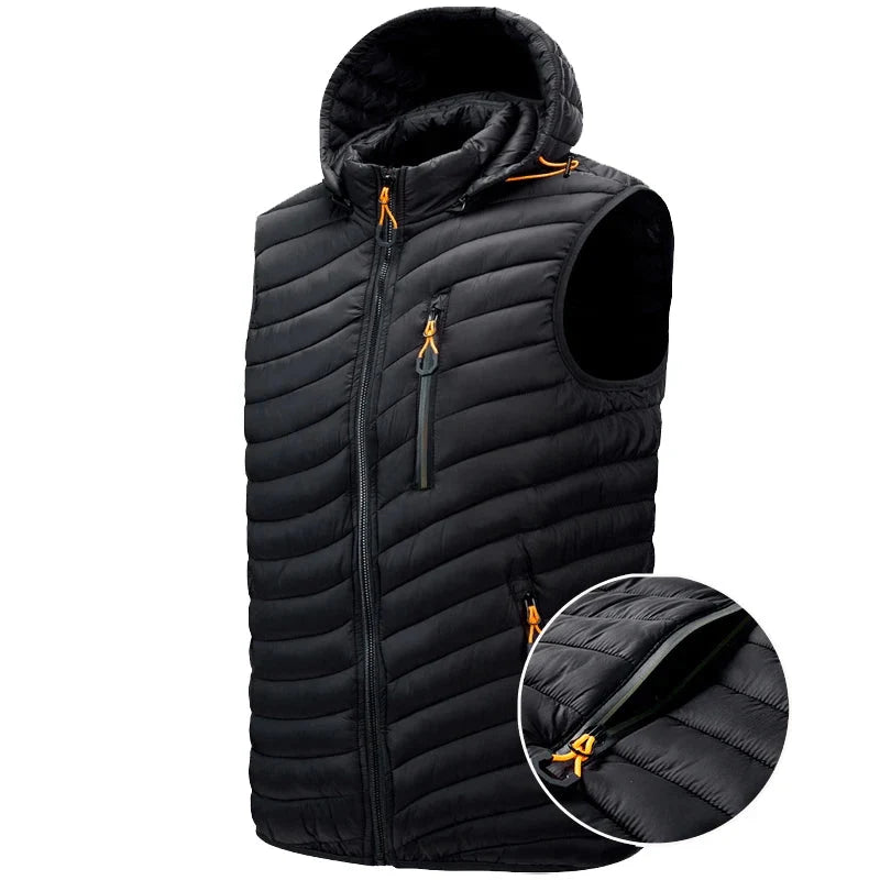 Men's sleeveless puffer vest, ideal for cold weather & winter layering. Essential outerwear.