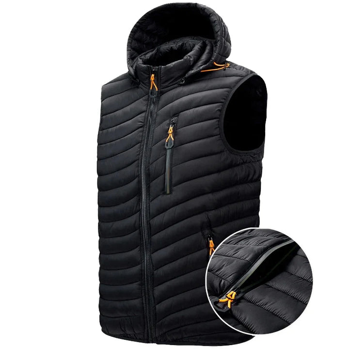 Men's sleeveless puffer vest, ideal for cold weather & winter layering. Essential outerwear.