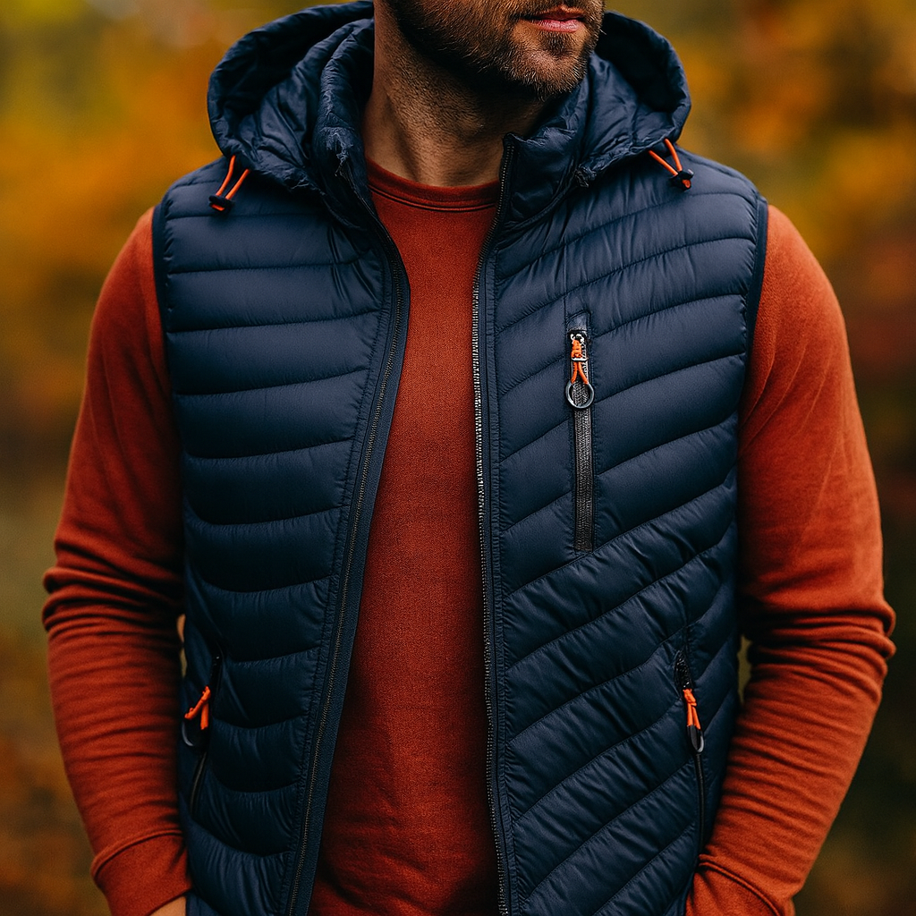 Men's puffer vest with detachable hood & zip pockets, perfect for cold weather and layering.