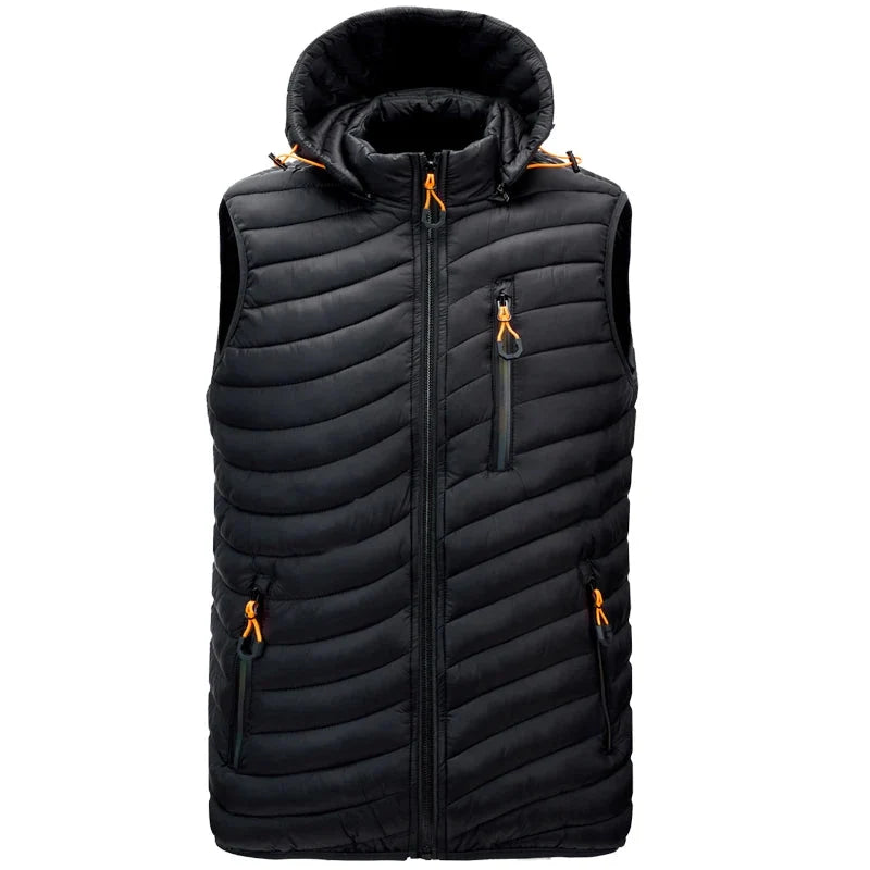 Water resistant men's sleeveless puffer vest, designed for cold weather travel & outdoor activities.