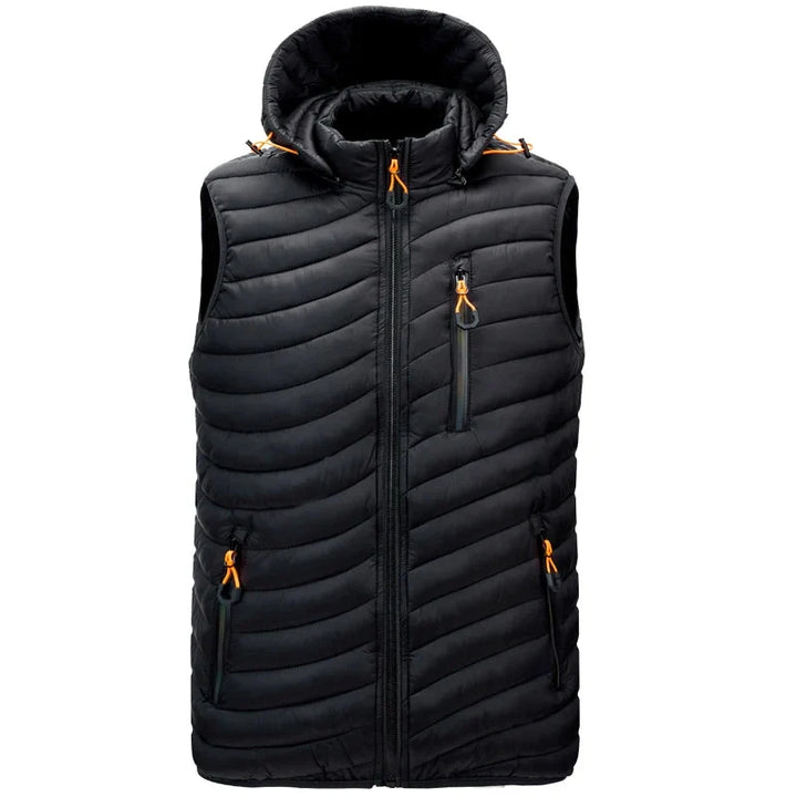 Water resistant men's sleeveless puffer vest, designed for cold weather travel & outdoor activities.