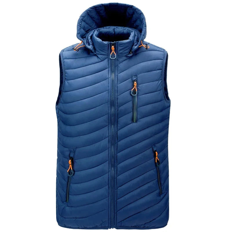 Essential men's layering puffer vest for winter, sleeveless design offers freedom & warmth in cold.