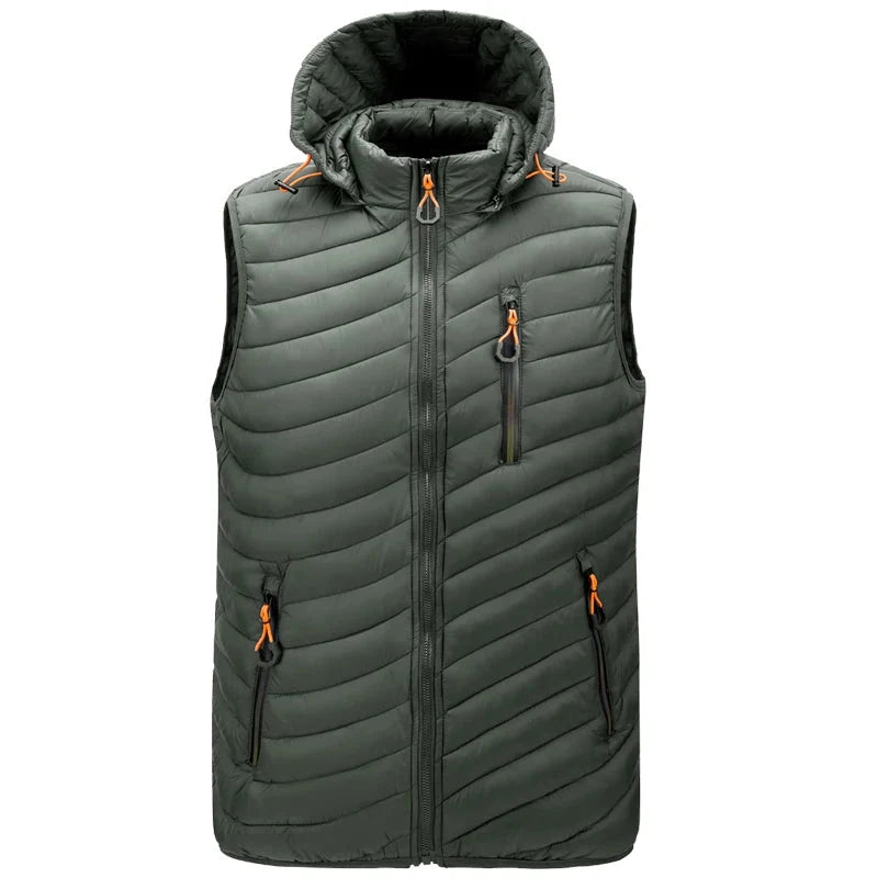Lightweight men's travel puffer vest, sleeveless and water-resistant, ideal for cold climates.