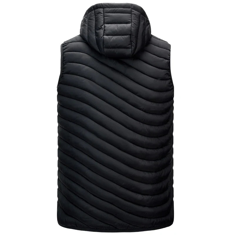Durable men's winter vest, a sleeveless puffer design for ultimate cold weather protection & style.