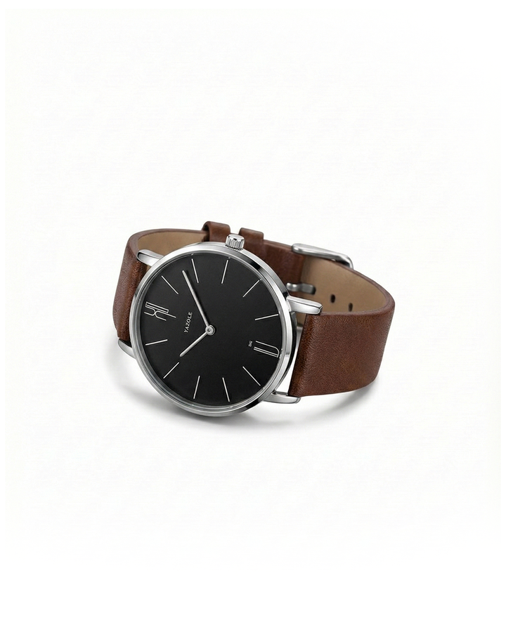 Men's slim cowhide leather watch with a clean, minimalist face. Classic design timepiece.