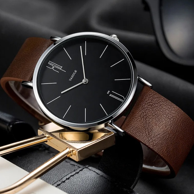 Minimalist men's watch. Slim design, clean dial, high-quality cowhide leather band.