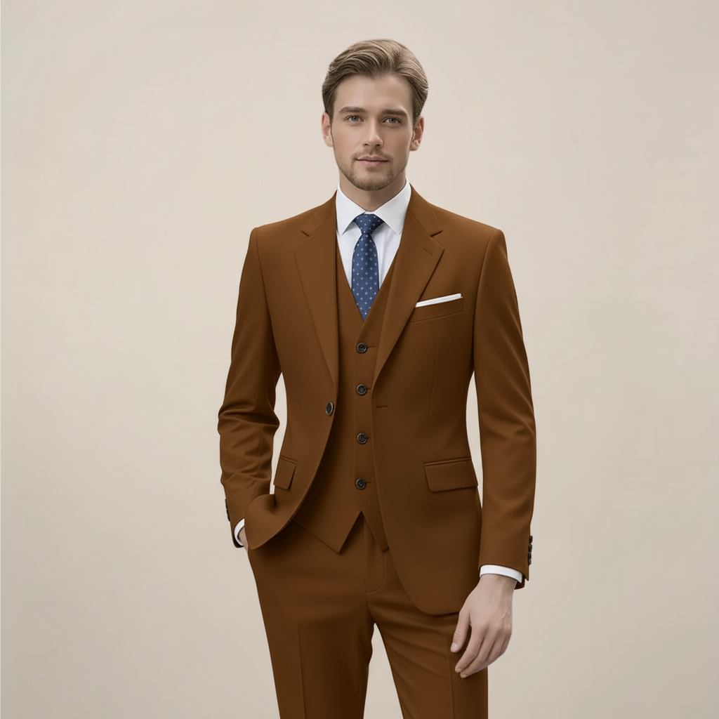 Men's slim fit 3-piece suit, tailored formal wear for business, weddings & special events. Professional & stylish attire.