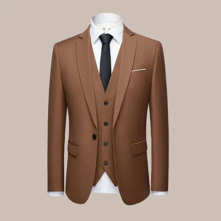 Elegant men's tailored slim fit 3-piece suit. Perfect formal wear for weddings, business meetings & special occasions.