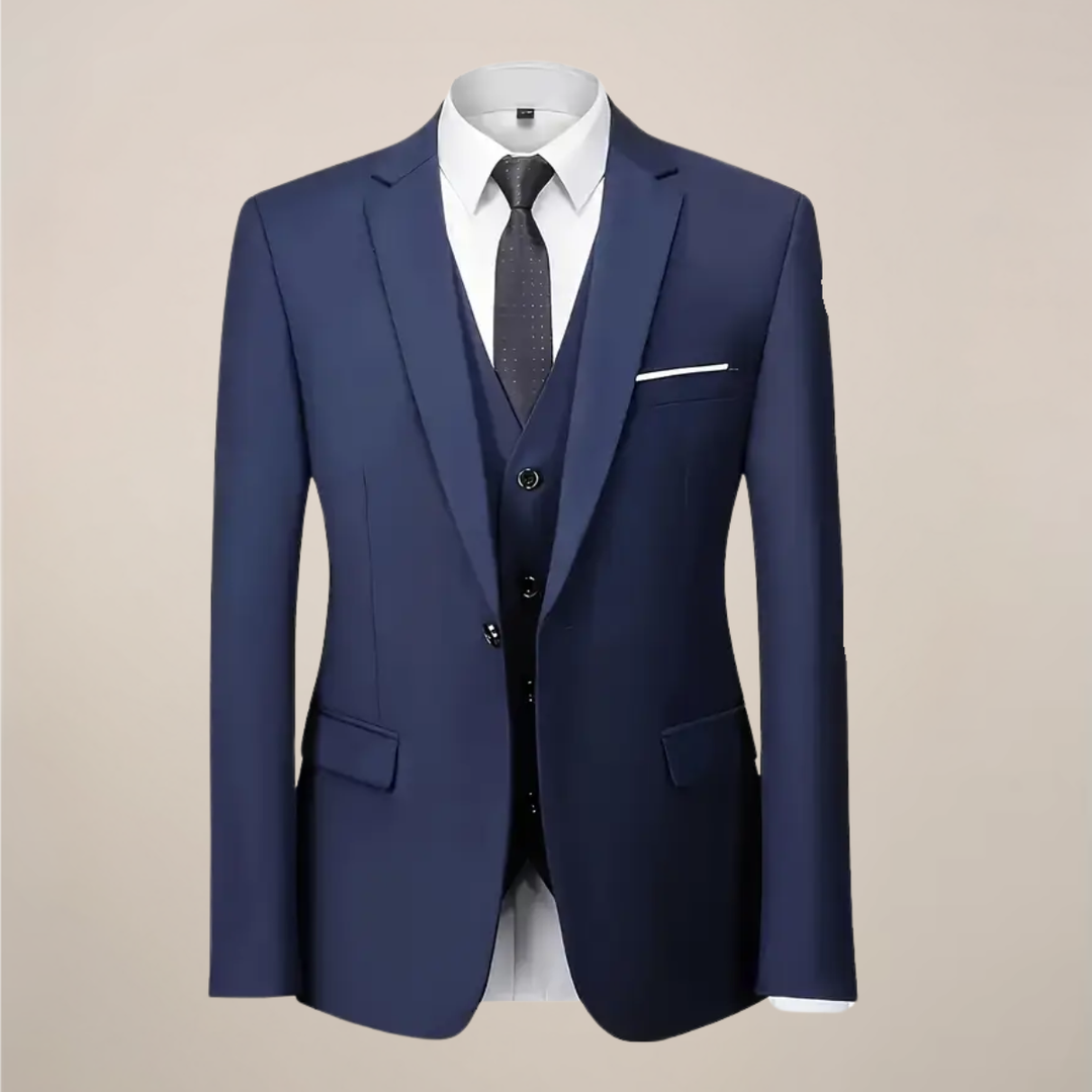 Stylish men's slim fit 3-piece suit, expertly tailored for a sharp, modern professional look. Ideal for formal events.