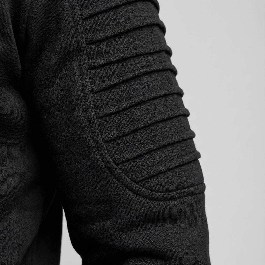 Close-up of men's athletic hooded tracksuit fabric, slim-fit polyester loungewear