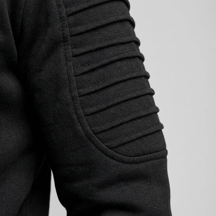 Close-up of men's athletic hooded tracksuit fabric, slim-fit polyester loungewear