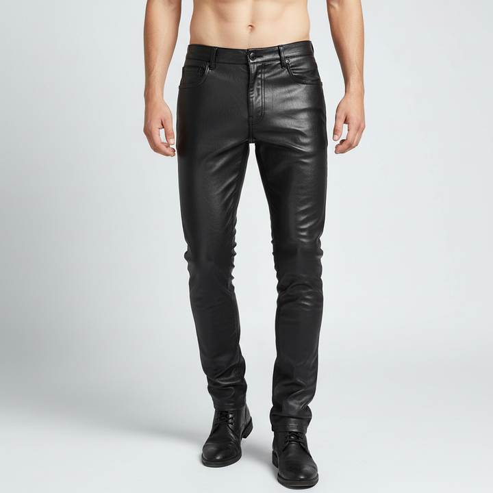 Oscar slim fit vegan leather trousers for men in black, showcasing a sleek, tapered design.