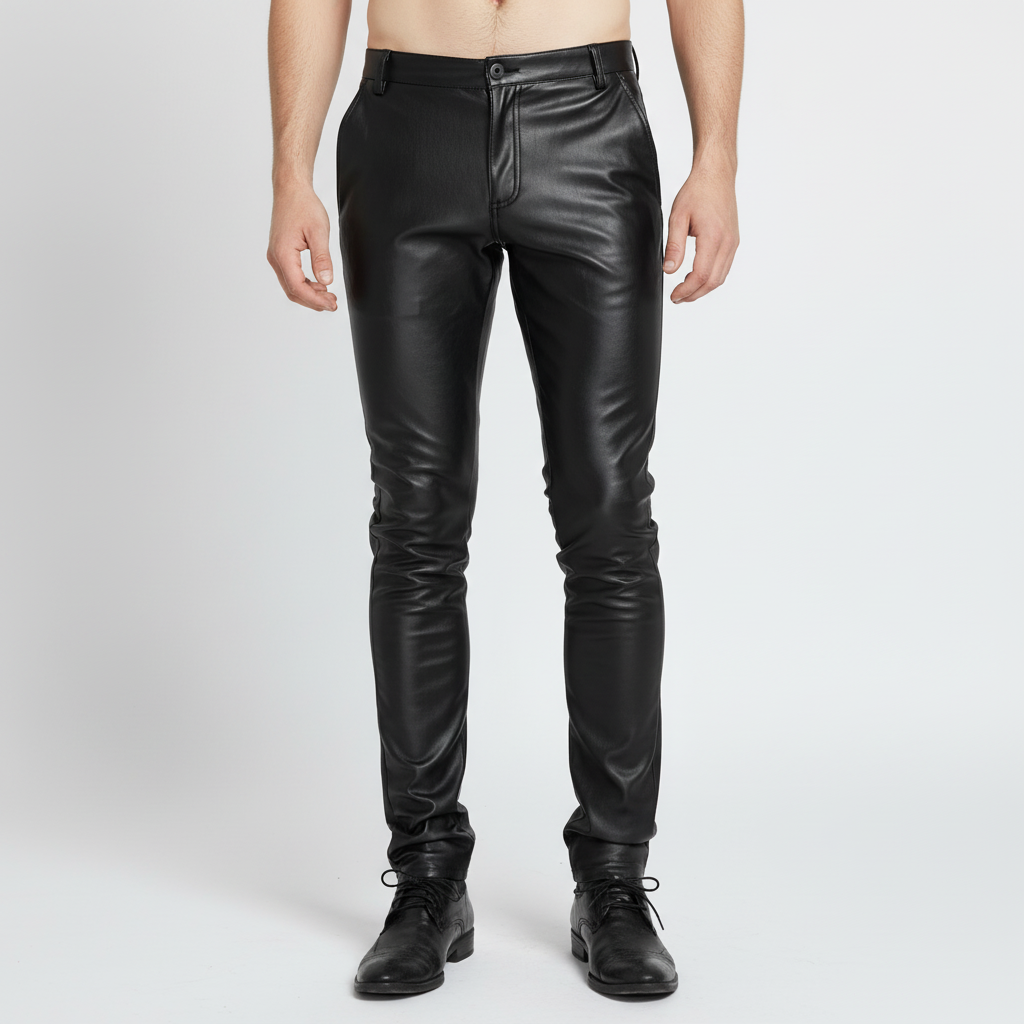 Men's Oscar black slim fit trousers made from high-quality faux leather, fashion-forward design.