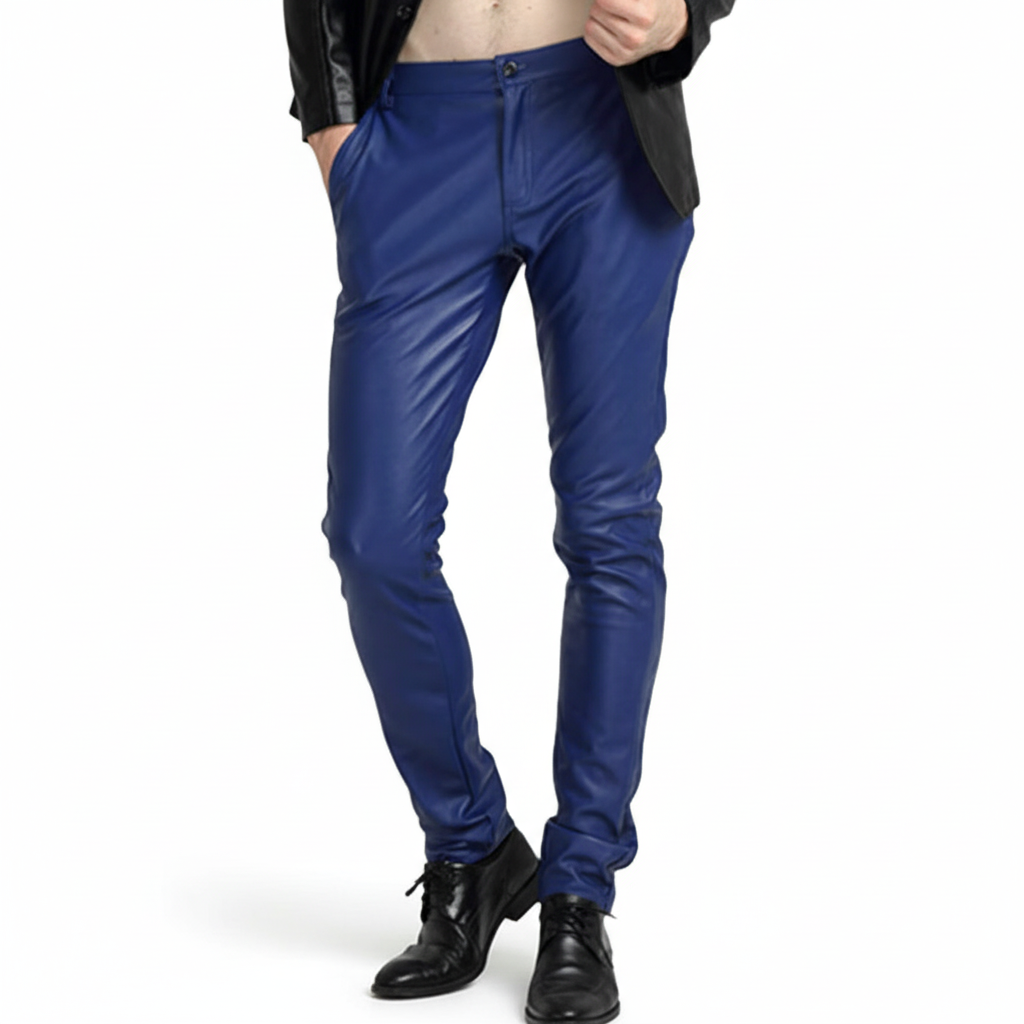 Oscar men's slim fit faux leather trousers in black, capturing a stylish and comfortable aesthetic.