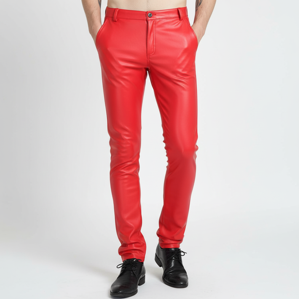 Modern men's black slim fit faux leather trousers, Oscar apparel, a versatile fashion statement.