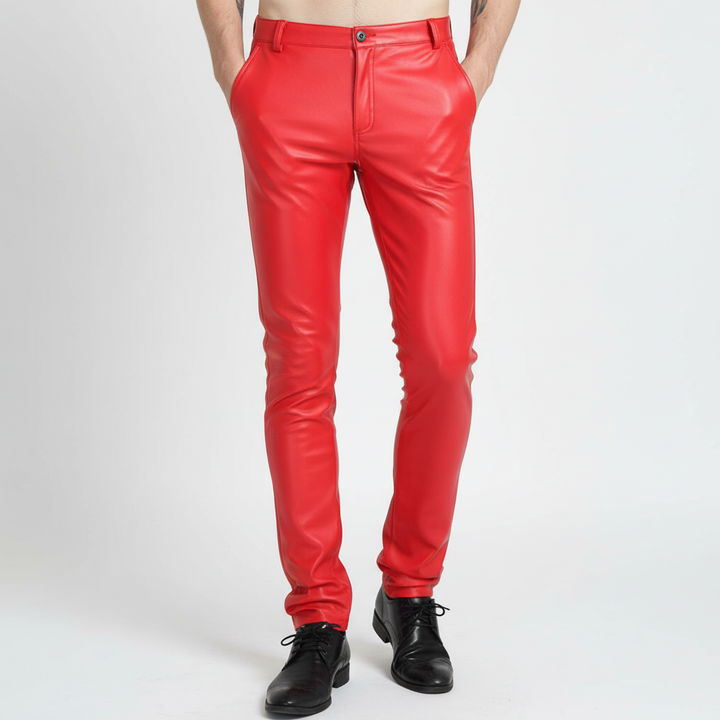 Modern men's black slim fit faux leather trousers, Oscar apparel, a versatile fashion statement.