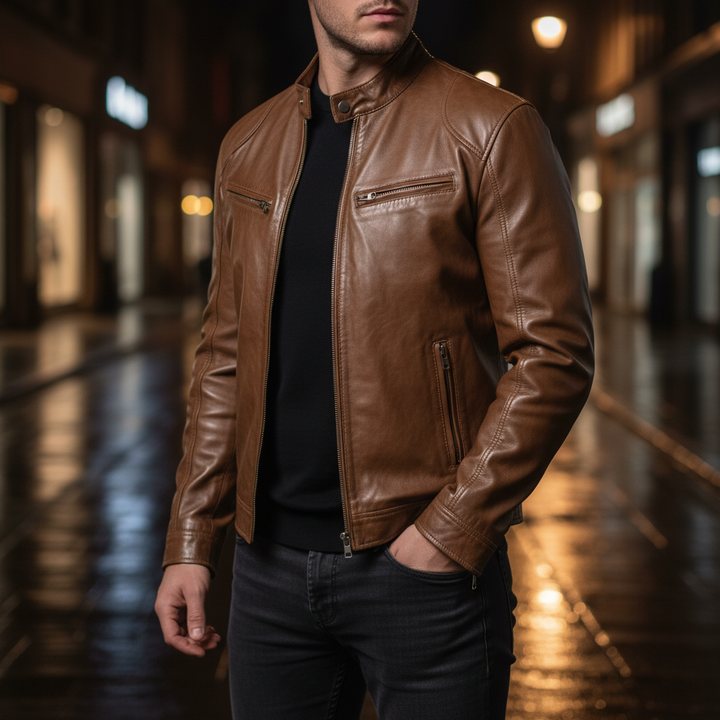 Men's slim fit black leather jacket with stand collar, front view, for casual wear