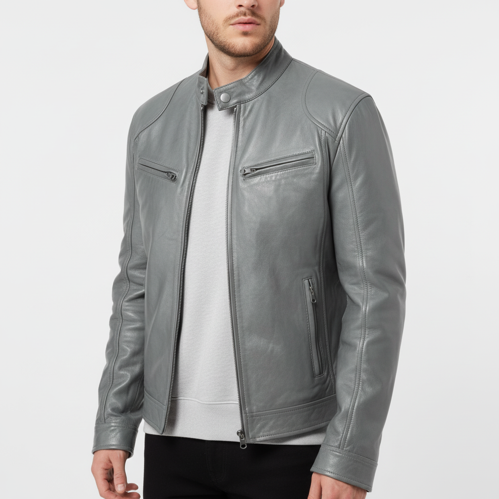 Modern men's apparel: black slim fit leather jacket with a sophisticated stand collar