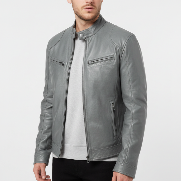 Modern men's apparel: black slim fit leather jacket with a sophisticated stand collar