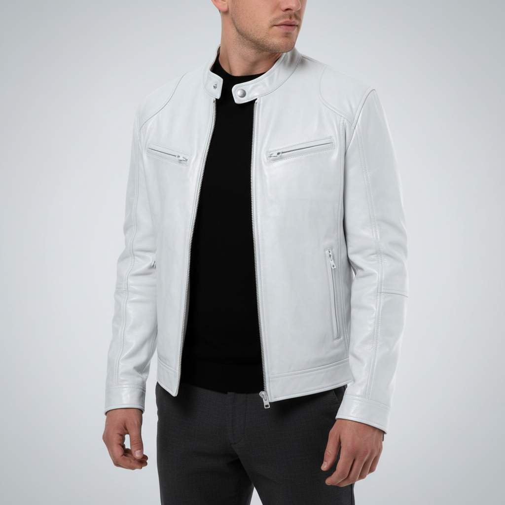 Versatile men's black leather jacket, slim fit, with stand collar, ideal for casual outfits