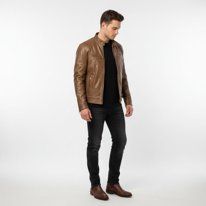 Stylish men's black leather jacket, slim fit, with a classic stand collar, outerwear