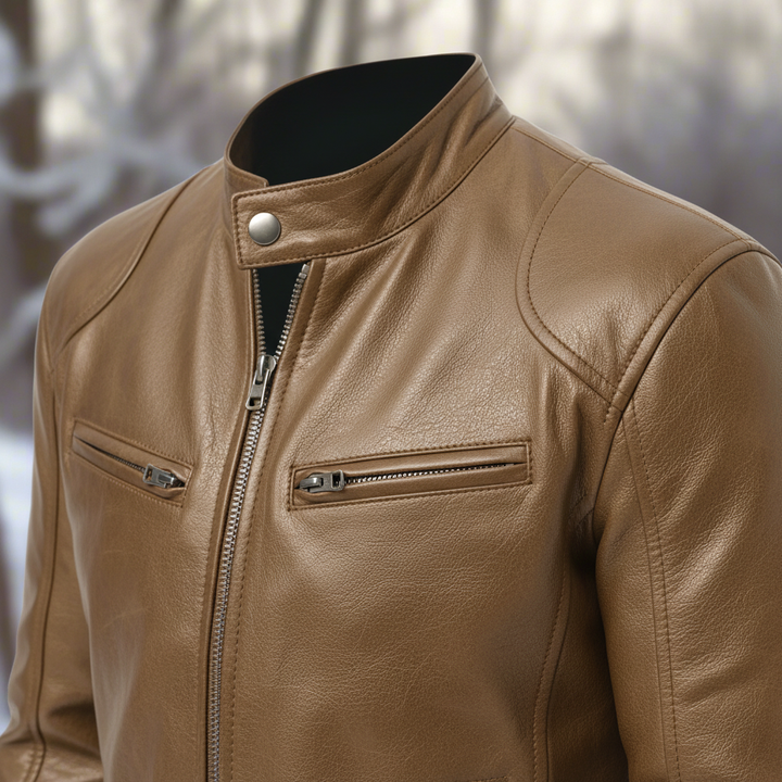 Close-up of the stand collar on a men's slim fit black leather jacket, biker style