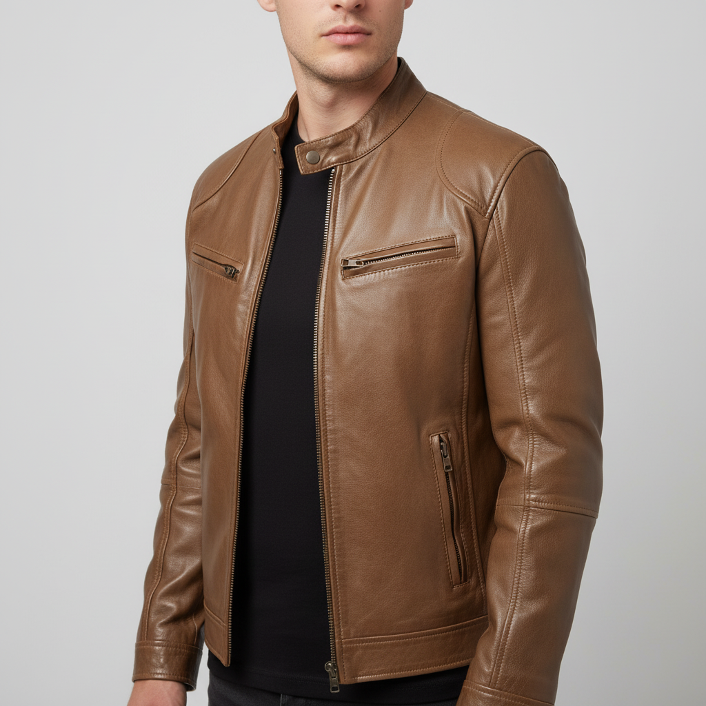 Back view of a men's slim fit black leather jacket, highlighting the tailored cut