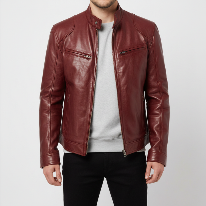 Detail of the smooth leather texture on a men's slim fit jacket with stand collar