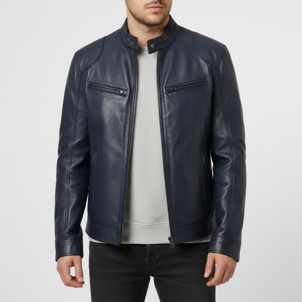 Men's black leather biker jacket, slim fit, featuring a sleek stand collar design