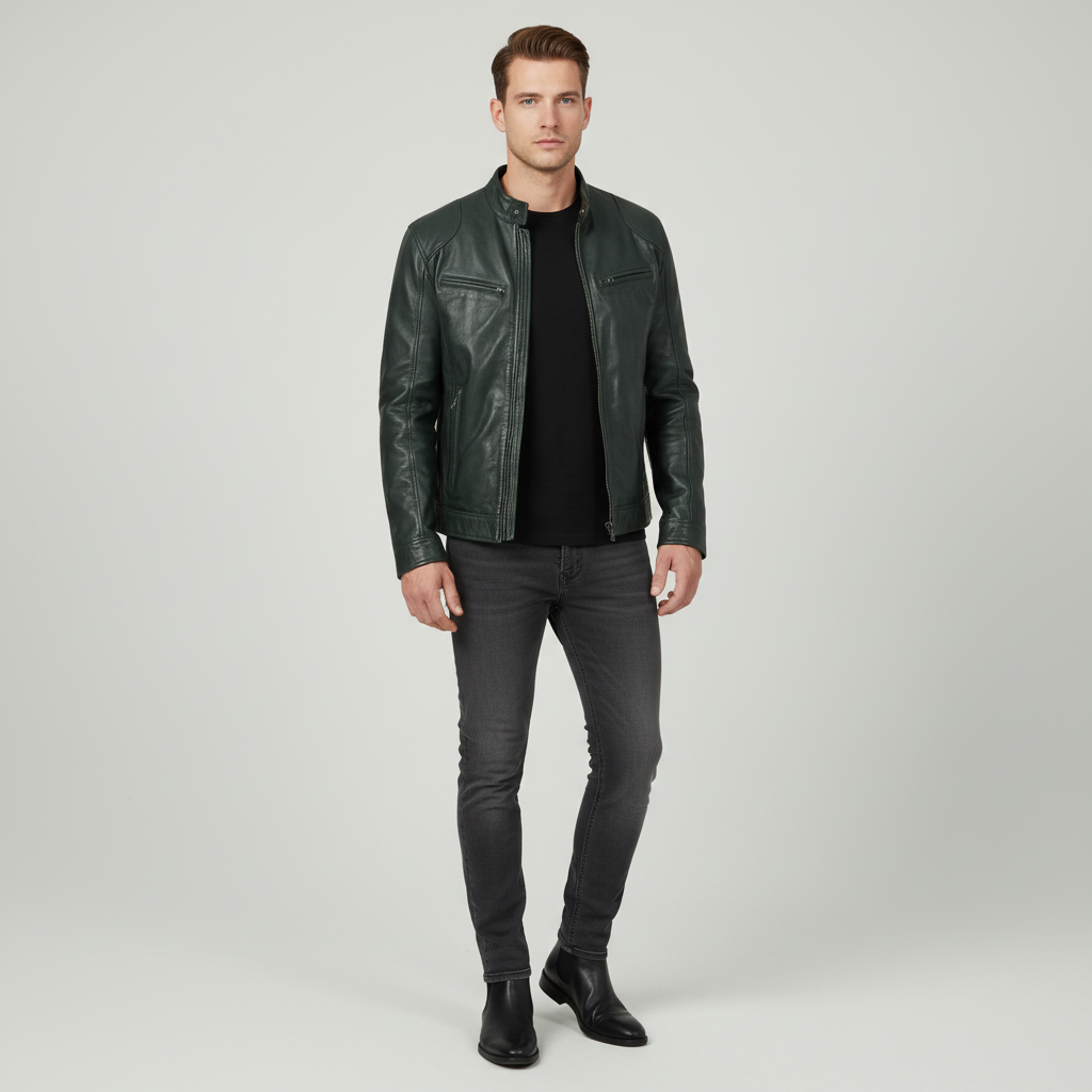 Side view of a man wearing a slim fit black leather jacket with a stand collar