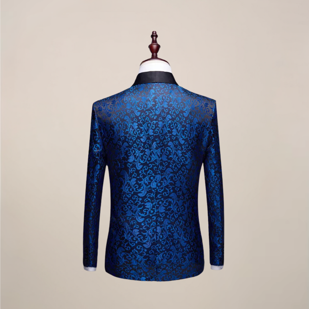 Close-up of men's elegant slim fit tuxedo blazer with satin lapels, ideal for gala & wedding.